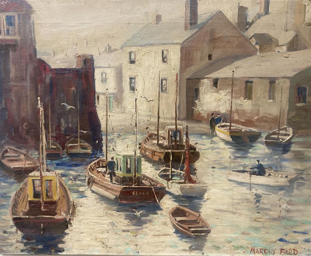 Marcus Ford (1914-1989), oil on canvas, Fishing boats in harbour, signed, 51 x 66cm, unframed
